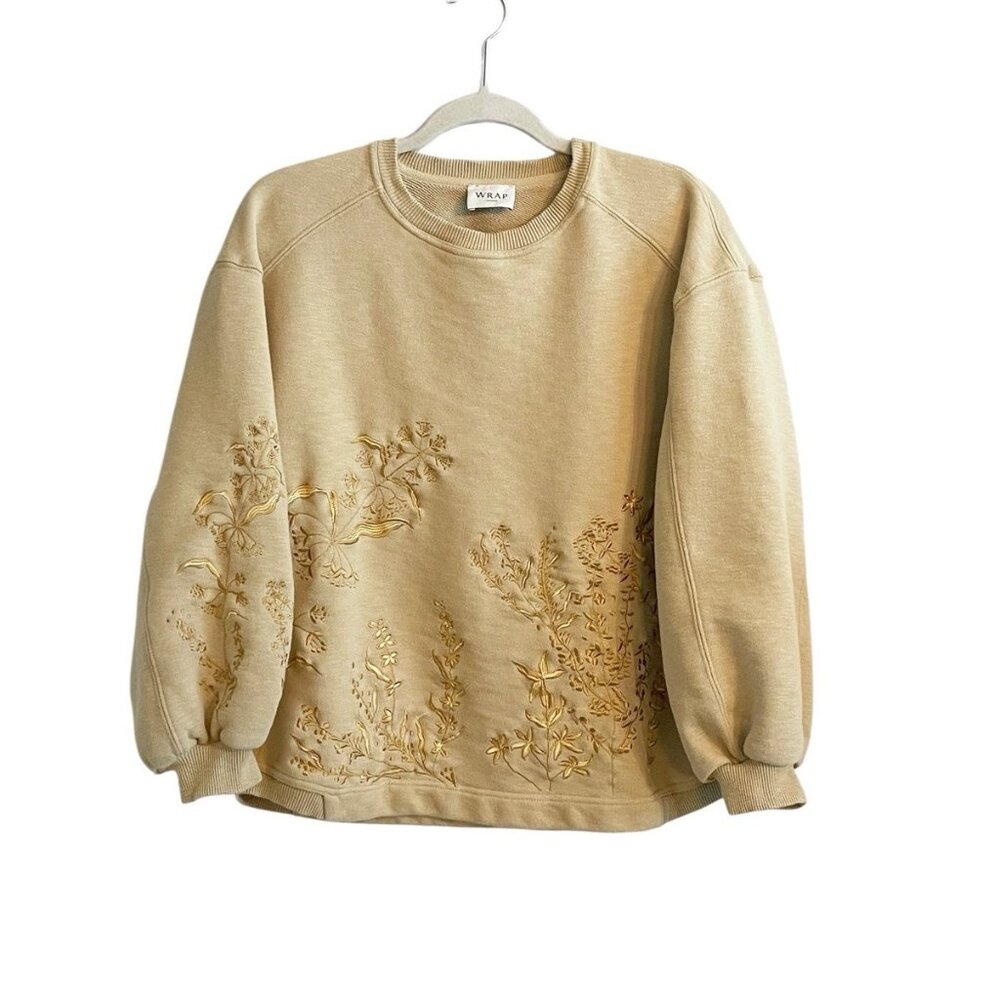 WRAP London Beige/Tan Floral Embroidered Crewneck Pullover Sweatshirt Size 12